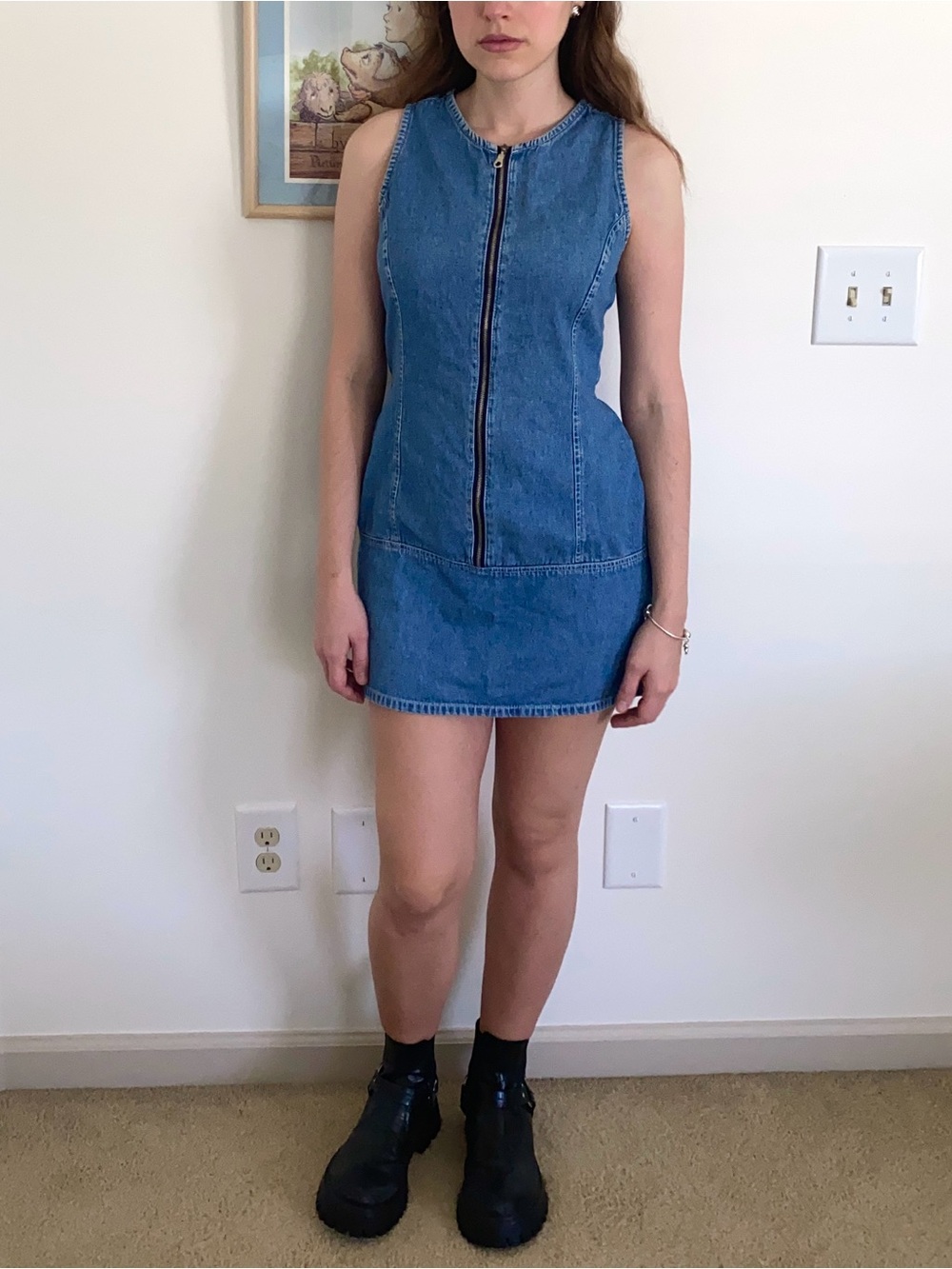 Zipper Front Denim Mini Dress Vintage 90s
